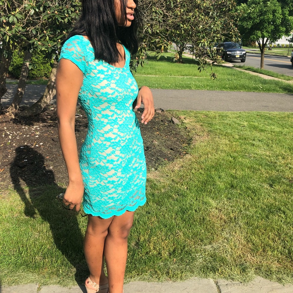 Teal lace mini dress